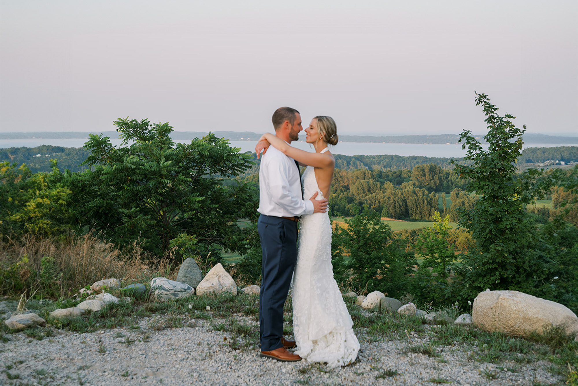 jen and josh on wedding day at bay view weddings